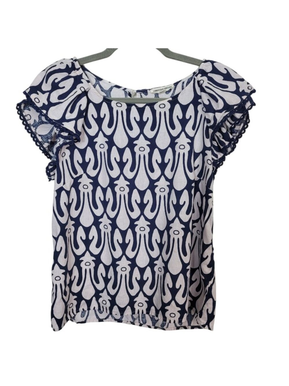 Christian Siriano Blue White Abstract Flutter Sleeve Blouse Linen Blend Sz Med
